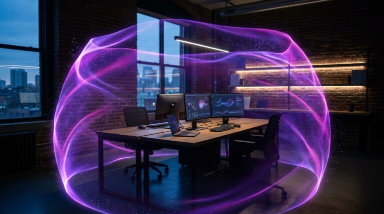 Scudo di protezione digitale attorno a una postazione di lavoro: il firewall protegge la rete aziendale di una PMI